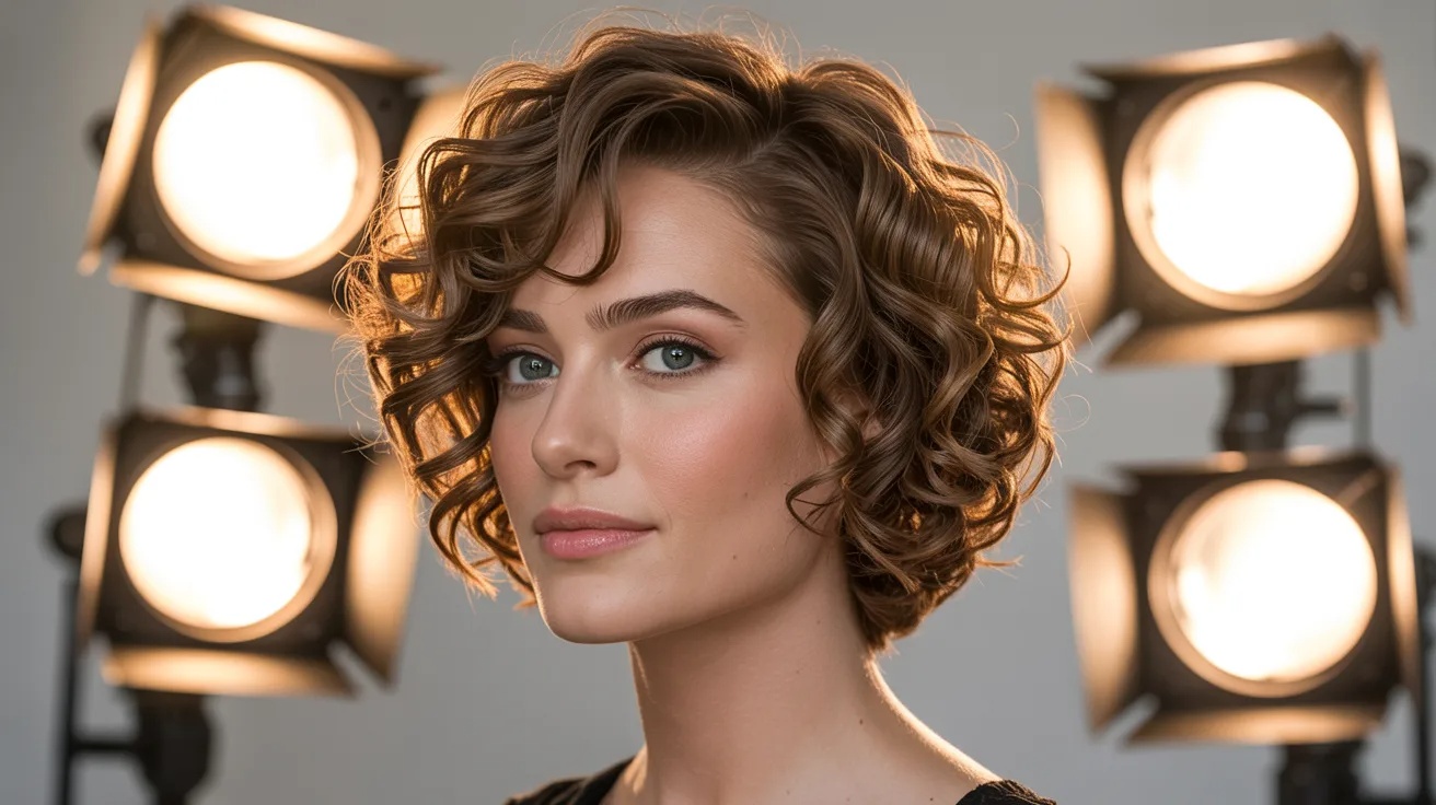 Woman with oblong face shape and curly short haircut adding width and balancing face length.