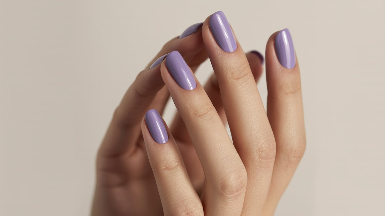 Classic glossy lavender nails with smooth pastel manicure in classy minimalist beauty aesthetic.