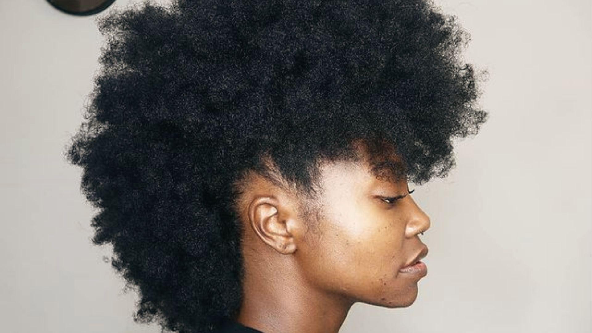 Profile of natural Mohawk with Natural Curls with shaved side undercut, nose ring, plain background