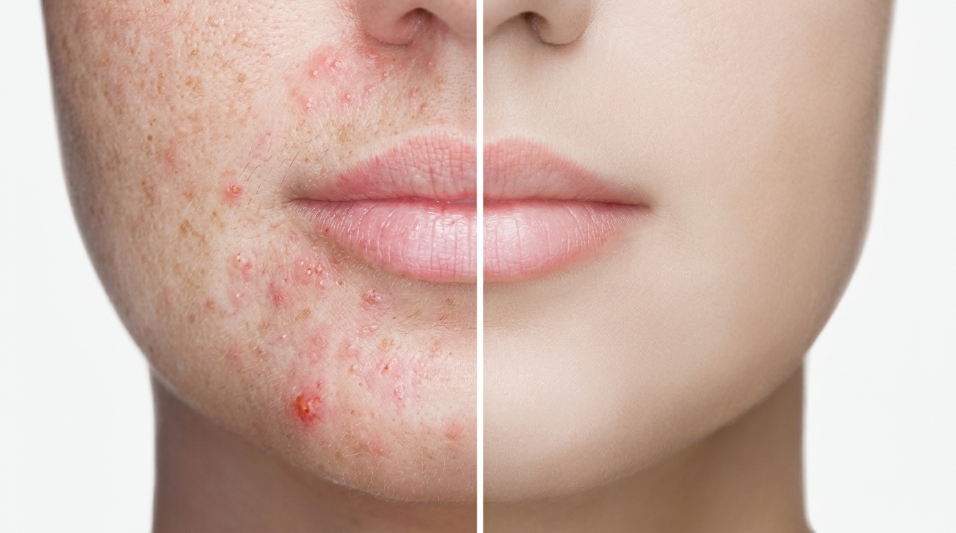 Split-view of a face, showing one side with side-effects and one side with clear skin.