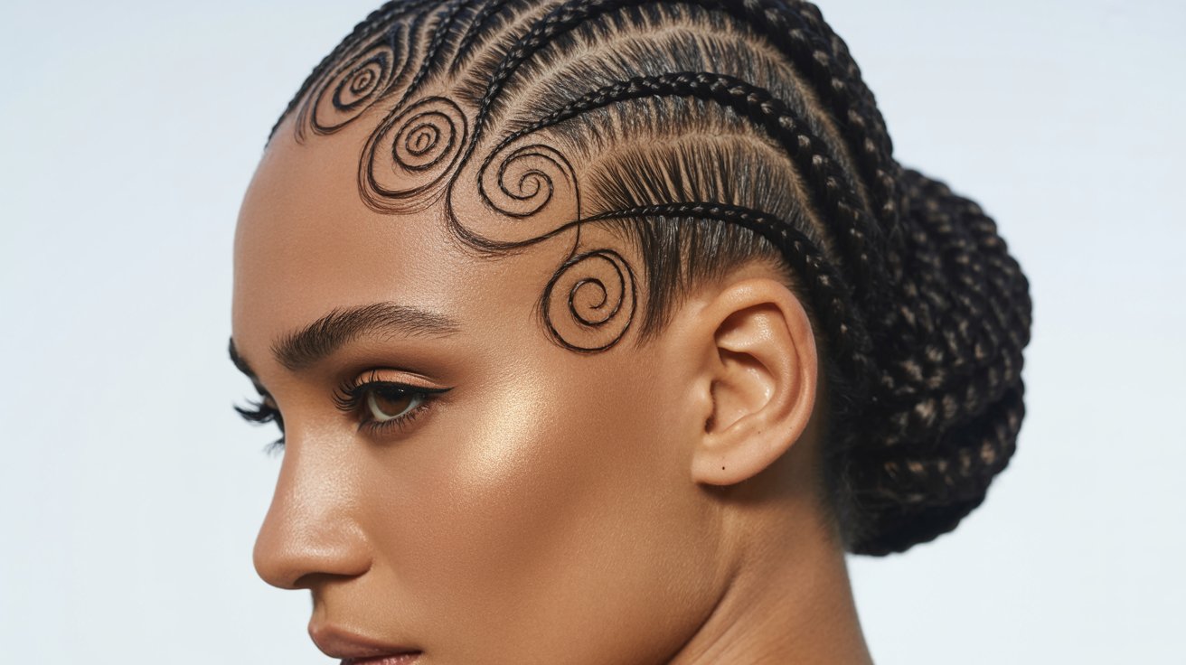 Black woman wearing swirl cornrows styled into detailed braided bun with artistic braid patterns