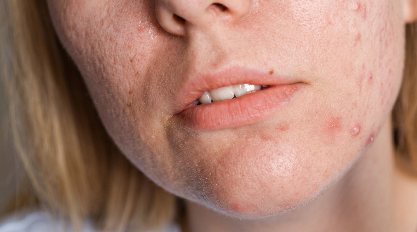 Close-up of a woman’s skin texture and hyperpigmented skin barrier.
