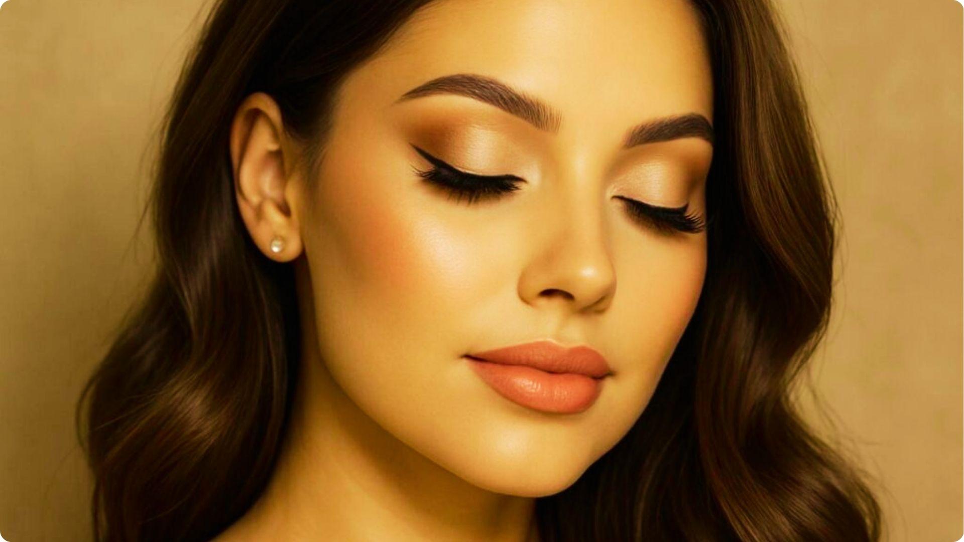 Brunette woman with eyes closed showcasing soft natural bridal makeup with warm champagne eyeshadow, sharp winged liner, and voluminous lashes.