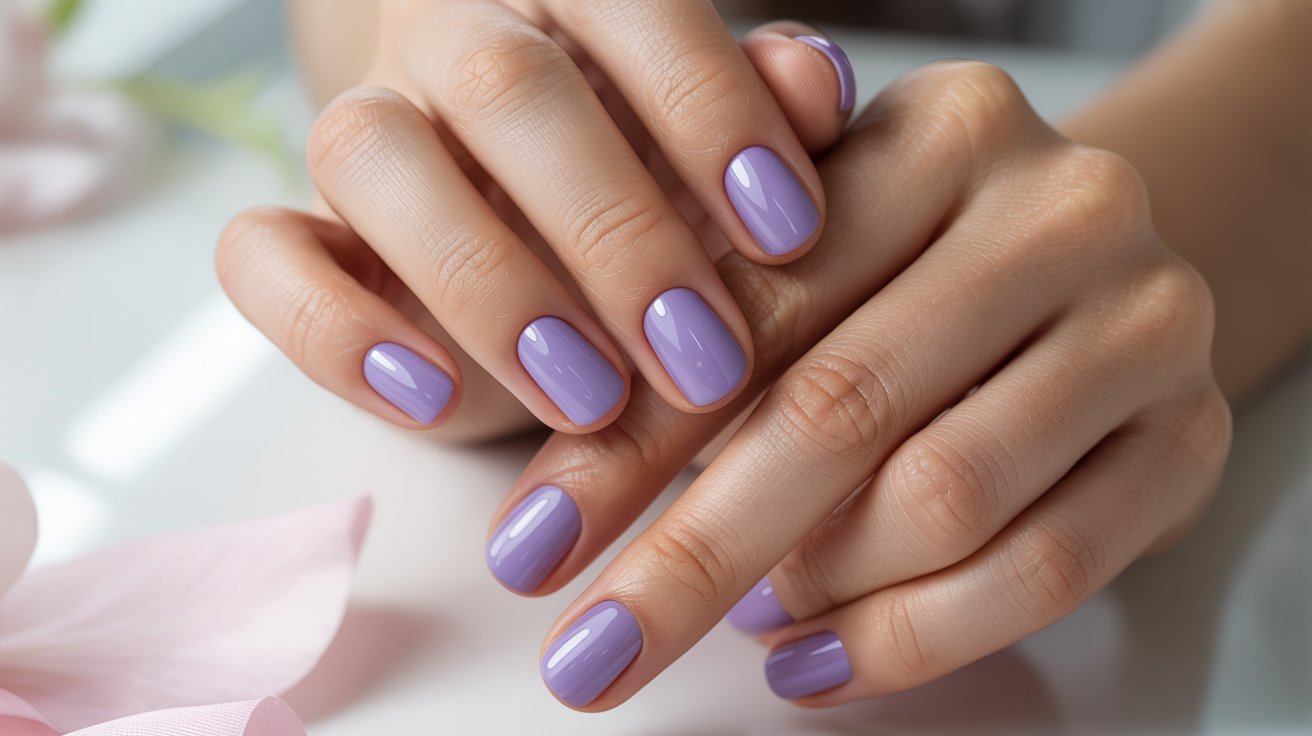 Short lavender square nails with glossy pastel manicure and clean minimalist feminine styling beautifully displayed.