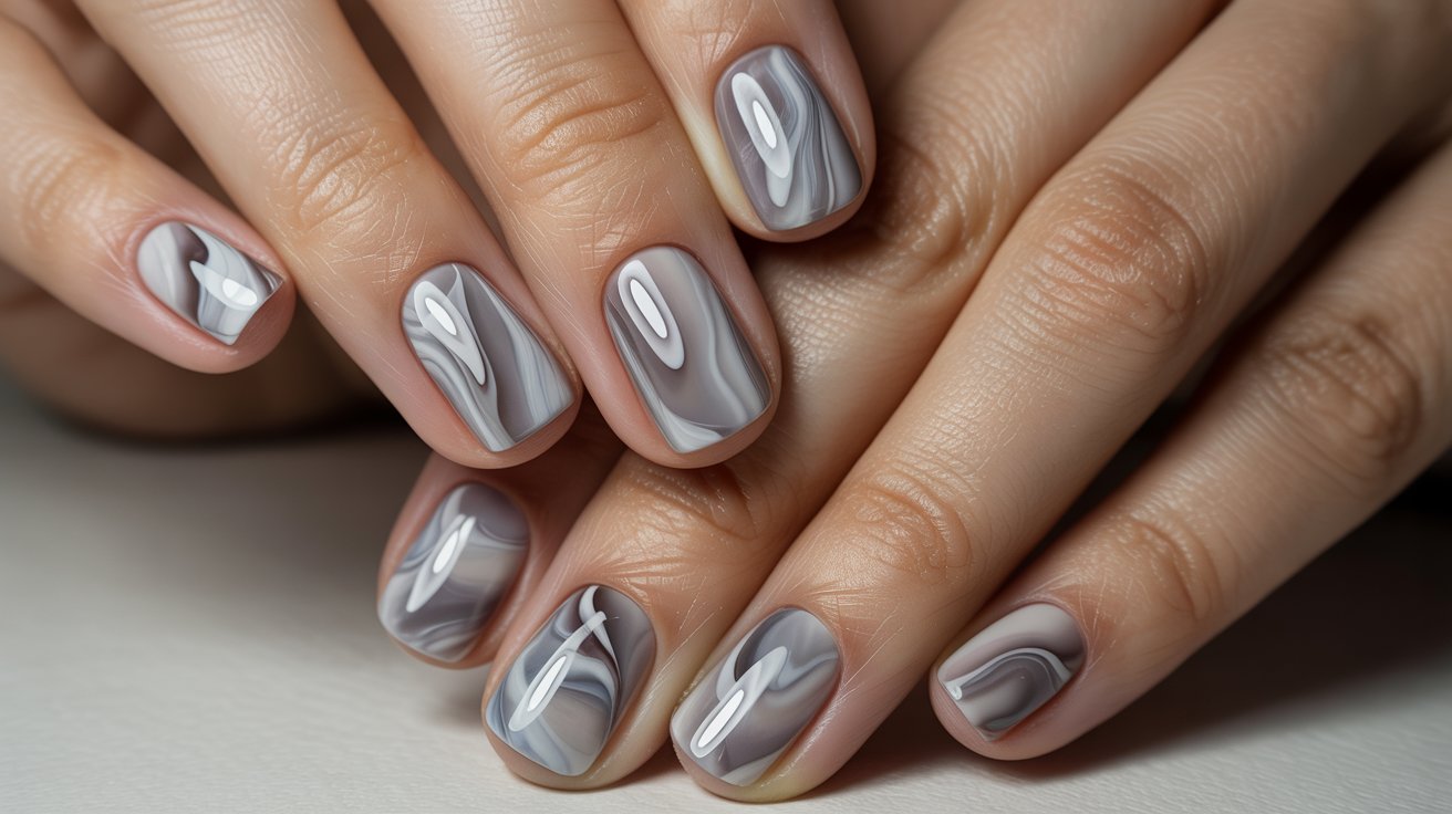 "Short marble gel nails with grey and white veining and a glossy stone-influenced manicure finish."