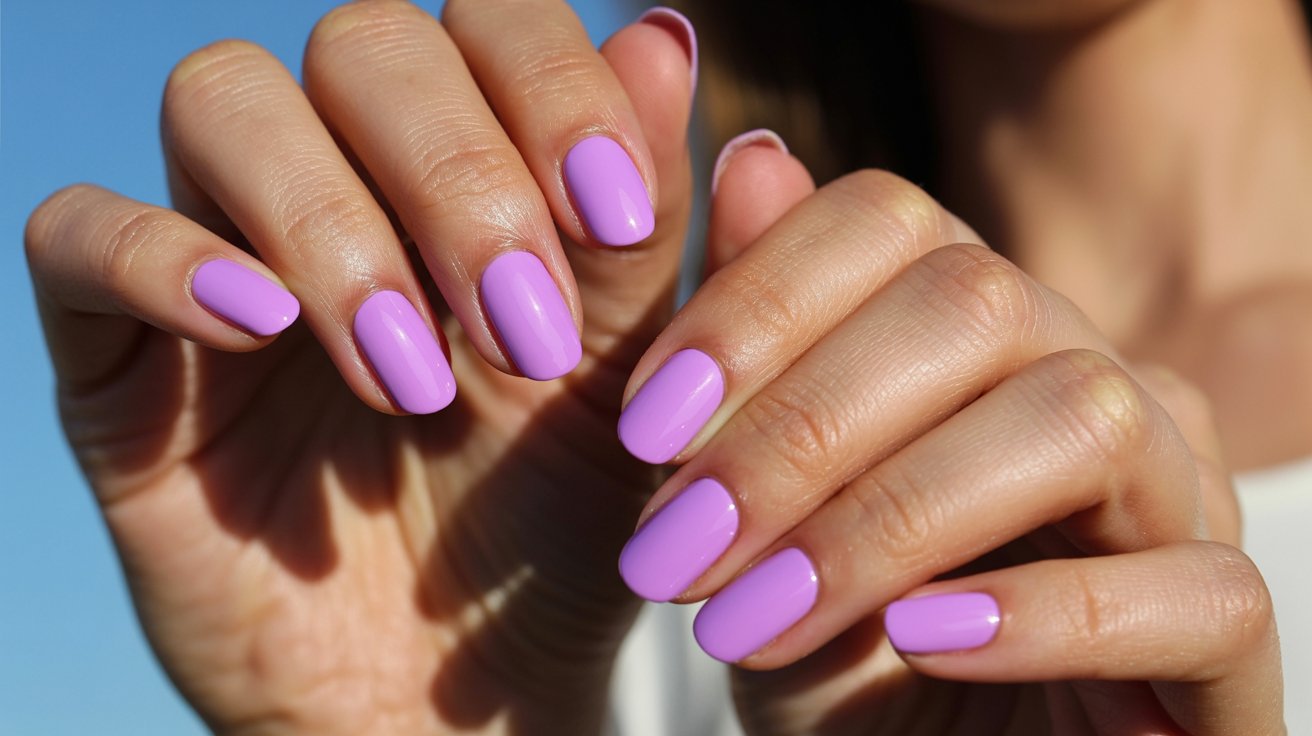 Neon lavender nails with vibrant glossy manicure and bold summer beauty aesthetic.