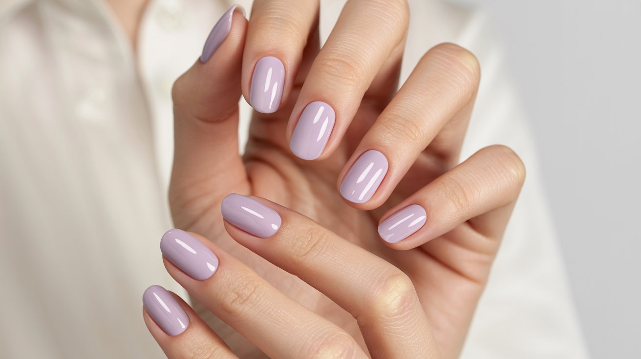 Sheer lavender jelly nails with translucent glossy finish and clean girl manicure aesthetic.