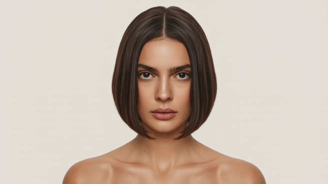Woman with long face shape and blunt bob haircut adding width and reducing vertical face length.