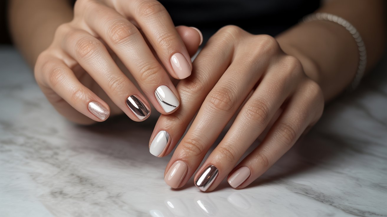 "Short gel nail designs in nude, chrome, and glossy finishes styled on naturally manicured hands."
